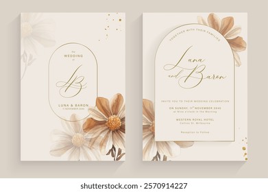 Aesthetic Wedding Invitation Template with Brown Flower Watercolor