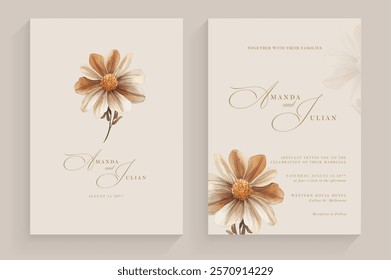 Aesthetic Wedding Invitation Template with Brown Flower Watercolor