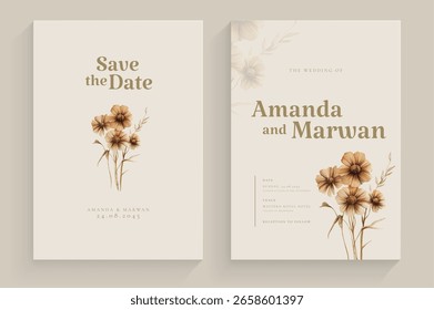 Aesthetic Wedding Invitation Template with Brown Flower Watercolor