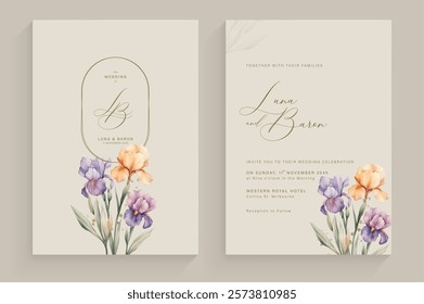 Aesthetic Wedding Invitation Template with Iris Flower Arrangement