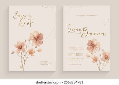 Aesthetic Wedding Invitation Template with Pink Flower Watercolor