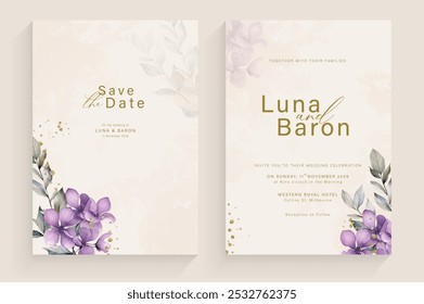 Aesthetic Wedding Invitation Template with Purple Flower Arrangement