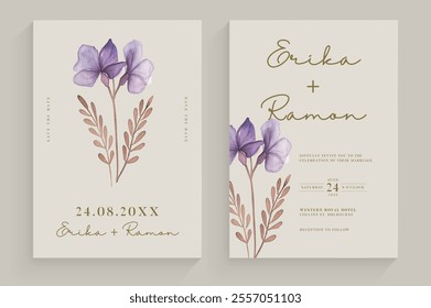 Aesthetic Wedding Invitation Template with Purple Flower Arrangement