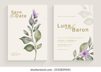 Aesthetic Wedding Invitation Template with Vintage Purple Flower Arrangement