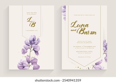 Aesthetic Wedding Invitation Template with Vintage Purple Flower Arrangement