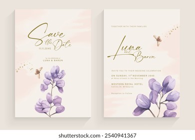 Aesthetic Wedding Invitation Template with Vintage Purple Flower Arrangement