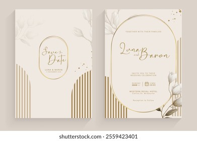 Aesthetic Wedding Invitation Template with Vintage White Flower Watercolor Arrangement