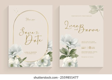 Aesthetic Wedding Invitation Template with Vintage White Flower Watercolor Arrangement