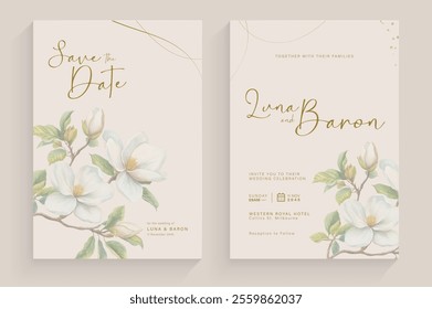 Aesthetic Wedding Invitation Template with Vintage White Flower Watercolor Arrangement