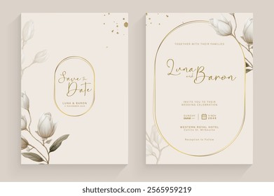 Aesthetic Wedding Invitation Template with Vintage White Flower Watercolor Arrangement