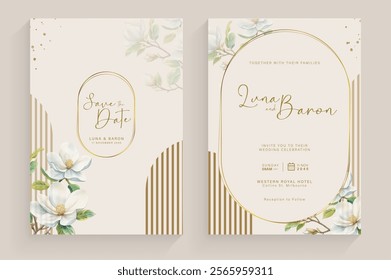 Aesthetic Wedding Invitation Template with Vintage White Flower Watercolor Arrangement