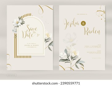 Aesthetic Wedding Invitation Template with White Flower Watercolor