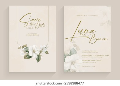 Plantilla de invitación de Boda estética con arreglo de acuarela de flor blanca