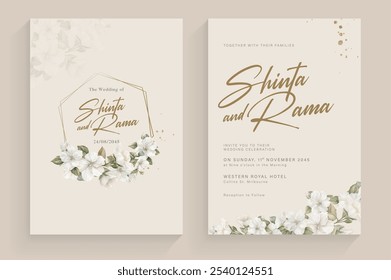 Aesthetic Wedding Invitation Template with White Flower Watercolor Arrangement