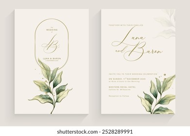 Aesthetic Wedding Invitation with Watercolor Green Leaves Arrangement