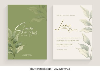 Convite de casamento estético com arranjo de folhas verde aquarela