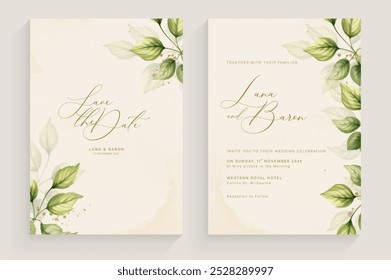 Aesthetic Wedding Invitation with Watercolor Green Leaves Arrangement