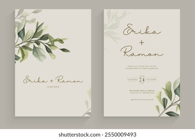 Convite de casamento estético com arranjo de folhas verde aquarela