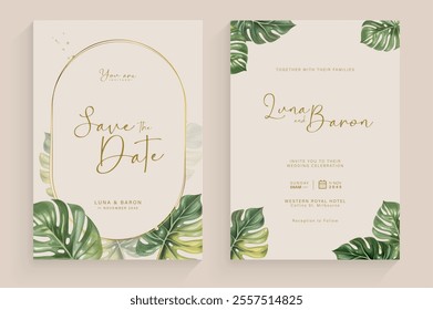 Aesthetic Wedding Invitation with Watercolor Green Monstera Arrangement