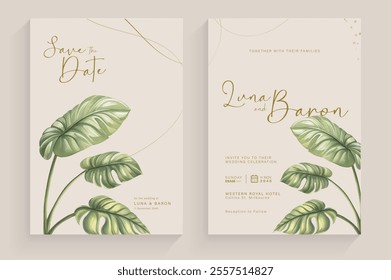 Aesthetic Wedding Invitation with Watercolor Green Monstera Arrangement