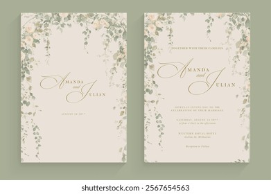 Aesthetic Wedding Invitation with Watercolor Greenery Leaves and branch