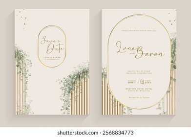 Aesthetic Wedding Invitation with Watercolor Greenery Leaves and branch