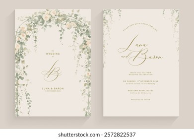 Aesthetic Wedding Invitation with Watercolor Greenery Leaves and branch