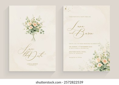 Aesthetic Wedding Invitation with Watercolor Greenery Leaves and branch