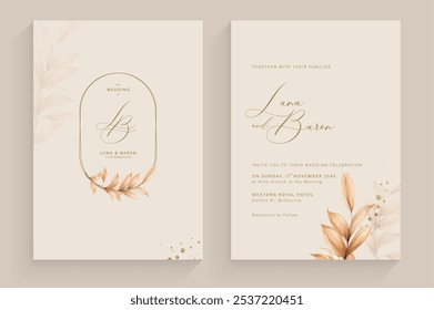 Aesthetic Wedding Invitation with Watercolor Leaves Arrangement