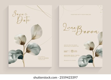 Aesthetic Wedding Invitation with Watercolor Leaves Arrangement