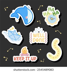 aesthetic whale, paper ship and 2024 slang word sticker design