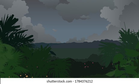 Aesthetic wild tropical jungle scene landscape illustration, dark stormy sky, lost in the wood vibe