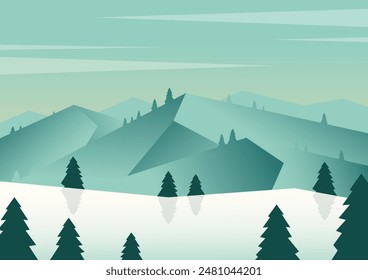 Aesthetic winter mountains landscape. Morning gradient panorama with pine tree forest illustration.