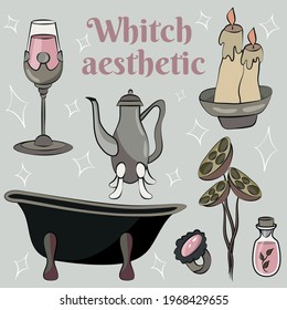 Aesthetic witch. Icon set. Cup, bath, potion, ring, candles, teapot, flowers. The time of the witches. Drinking utensils. Magic vector illustration in comic style. A set of things for making a potion.