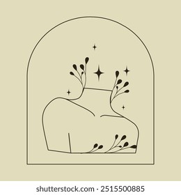 Aesthetic woman bust with growing plants. Feminine self-care vector concept