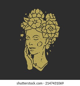 Aesthetic woman head and flowers bouquet hair stroking tender skin bohemian hand drawn grunge texture vector illustration  Fashion female golden minimalist portrait logo for beauty spa care salon