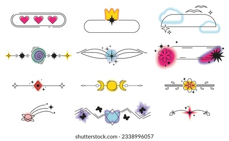 aesthetic y2k dividers elements set. Arches and circles with aura effect includong heart, butterfly, star symbols. Stock vector illustration in simple 2000s style isolated on white background