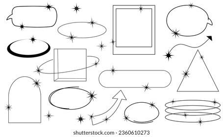 Aesthetic y2k geometric shapes, frames with stars. Oval, heart, arrow, frame figures with sparkles. Retro basic line art design elements. Vector illustration for social media or poster