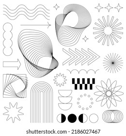 Aesthetic Y2K geometric shapes set. Retro futuristic elements kit for posters, cards and other design. Metaverse minimal vector stars, waves, sparkles, arrows.