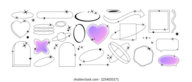 Aesthetic y2k geometric shapes with stars. Simple trendy frames. Retro basic line art design elements. Oval, heart, arrow, frame figures with sparkles. Vector illustration for social media or poster