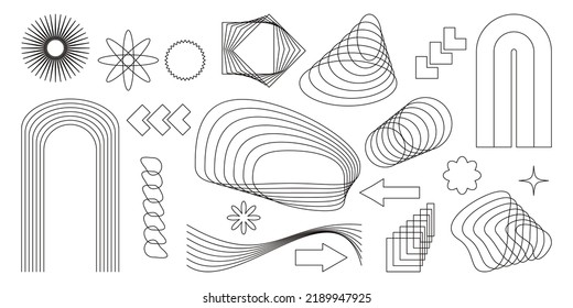 Aesthetic Y2K geometric shapes vector set. Futuristic brutalism line elements in 2000s style. Trendy retro modern forms and figures of graphic design. 