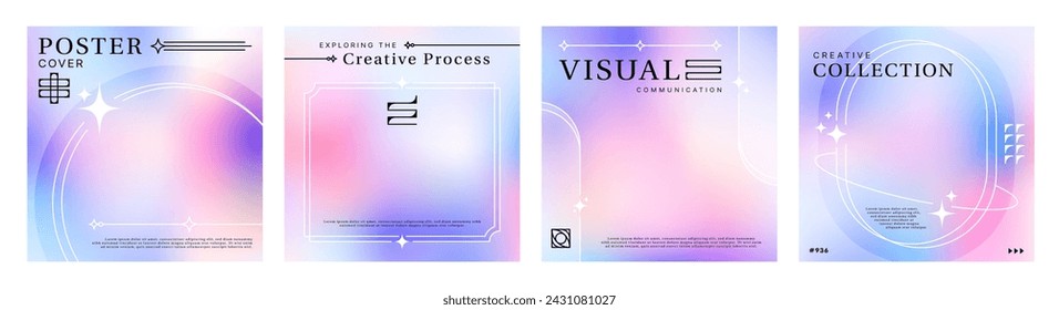 Aesthetic y2k gradient poster background with abstract shapes. Modern and trendy set of vector templates with fluid gradients. Minimal style designs with geometric figures, lines, and graphic elements