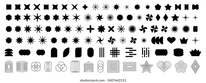 Aesthetic y2k icons. Set of trendy retro shapes isolated on white backgrond. Simple black star, flower, heart, rhombus symbols in 70s, 80s, 90s geometric style. Vector graphic illustration.