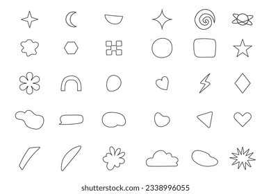 aesthetic y2k line icon elements set. blob and circles, heart, butterfly, star symbols. Stock vector illustration in simple 2000s style isolated on white background