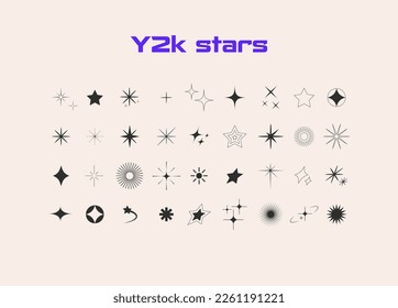 Aesthetic Y2k style. Star, bling, starburst, sparkle icons. Retro futuristic. Vector