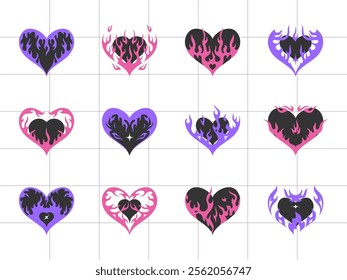 Aesthetic y2k tattoo symbol. Tribal heart collection with pink violet flame. Neo tribal ornaments gothic sticker