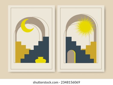 Aesthetic yellow art morocco architecture poster set illustration