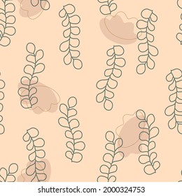 Aesthetical cute background. Seamless pattern with line drawn beige bohemian flowers, plants. Trendy design for wallpaper, textile, packing, fabric, paper. Natural pastel, earth colors