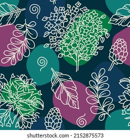 Aesthetical cute background. Seamless pattern with line drawn beige bohemian flowers, plants. Trendy design for wallpaper, textile, packing, fabric, paper. Dark colors