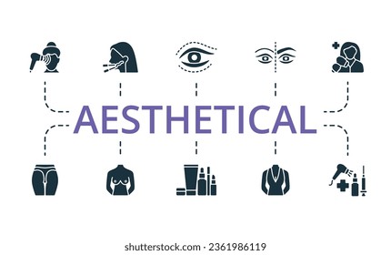 Conjunto estético. Iconos creativos: rejuvenecimiento fotográfico, hilos de malla, área ocular, procedimiento estético, cosmetólogo, nalgas, pecho femenino, cosméticos, decolleta, cosmetología.